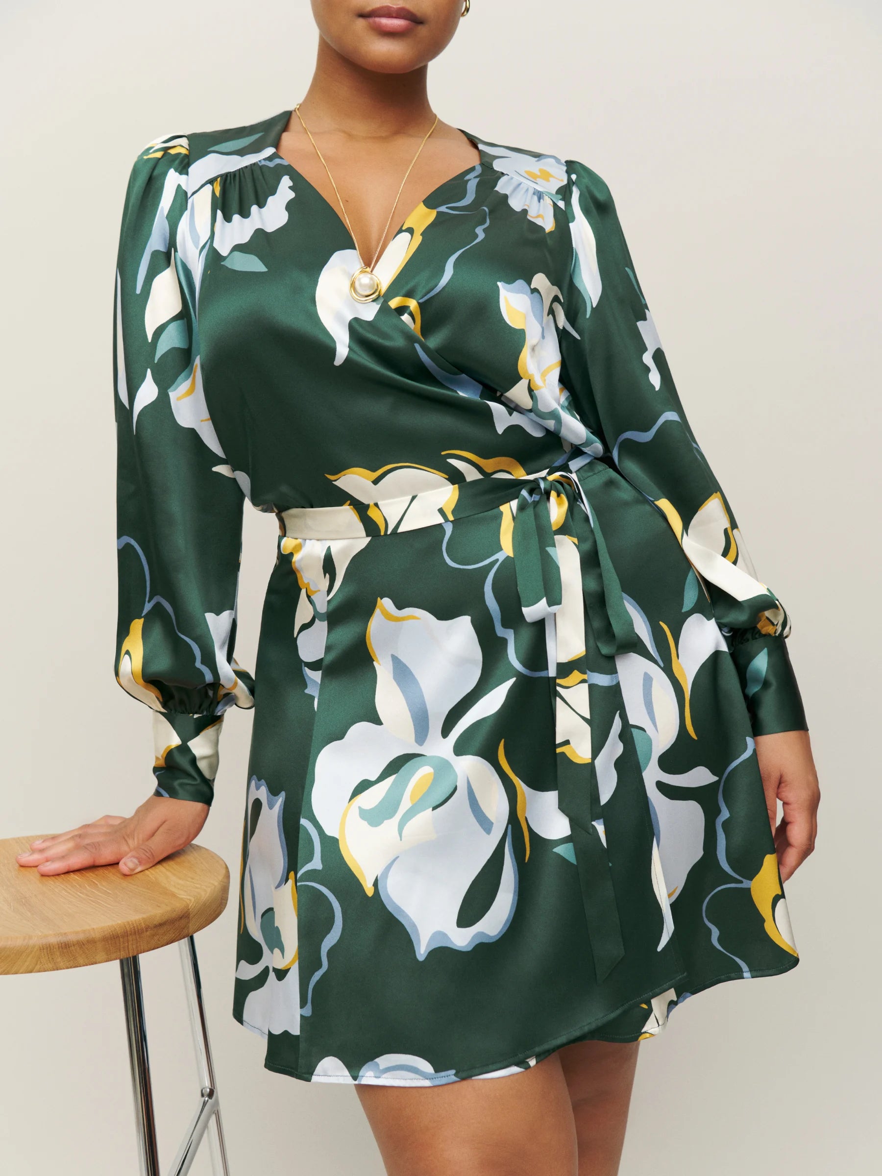 Reformation Floral Green Chrisley Silk Wrap Dress - House Of Huntington