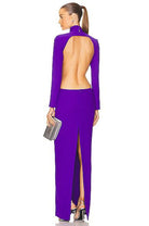 MONOT Cut Out Sides Backless High Neck Slit Leg Purple Crêpe Gown - House Of Huntington