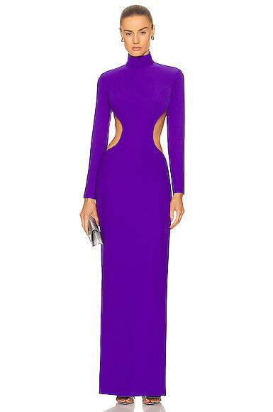 MONOT Cut Out Sides Backless High Neck Slit Leg Purple Crêpe Gown - House Of Huntington