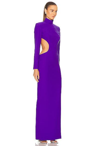 MONOT Cut Out Sides Backless High Neck Slit Leg Purple Crêpe Gown - House Of Huntington