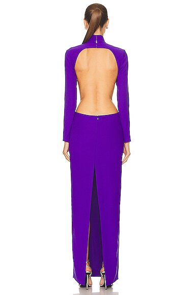 MONOT Cut Out Sides Backless High Neck Slit Leg Purple Crêpe Gown - House Of Huntington