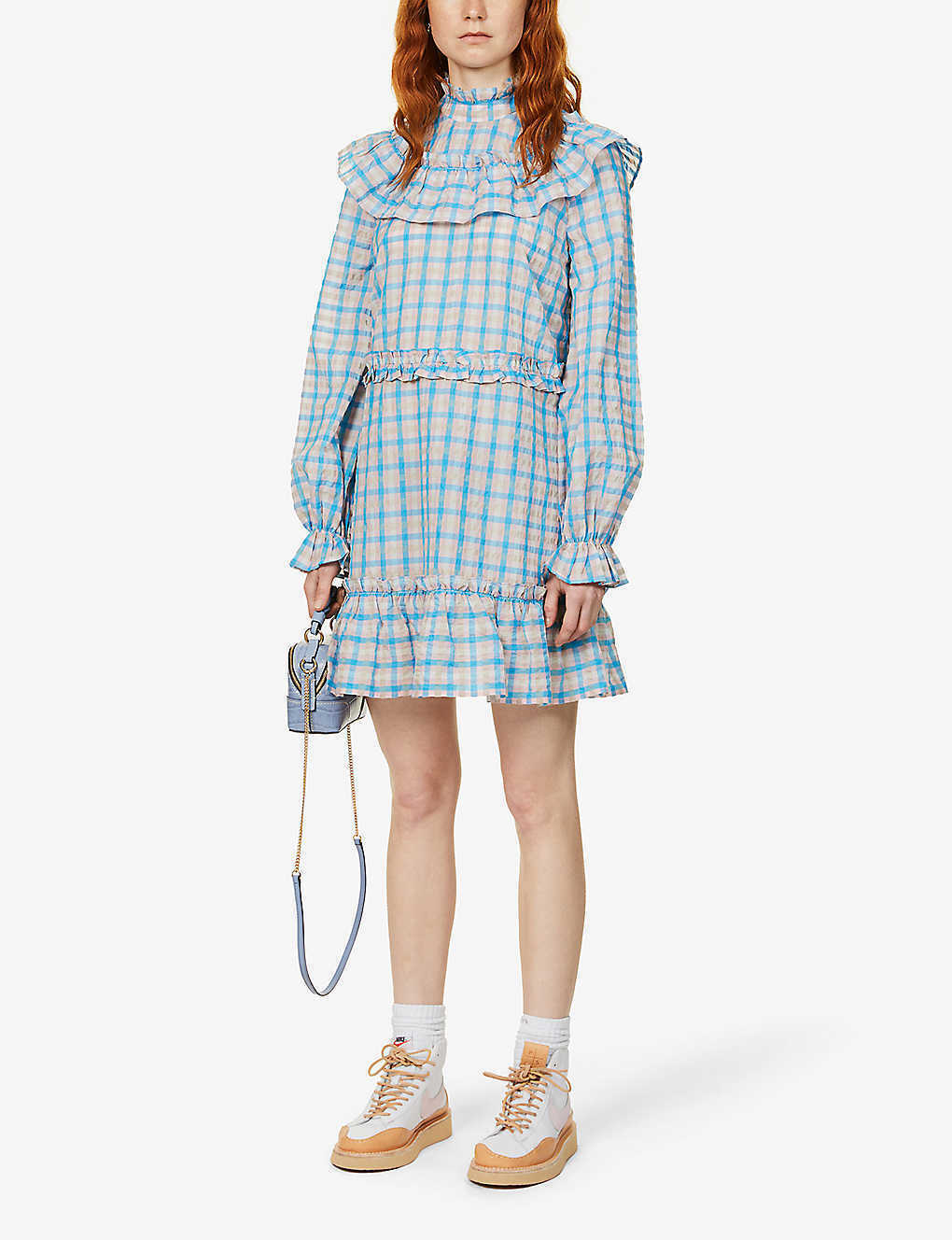 GANNI Prairie Pink Blue Gingham Check Seersucker Ruffle High Neck Dress - House Of Huntington