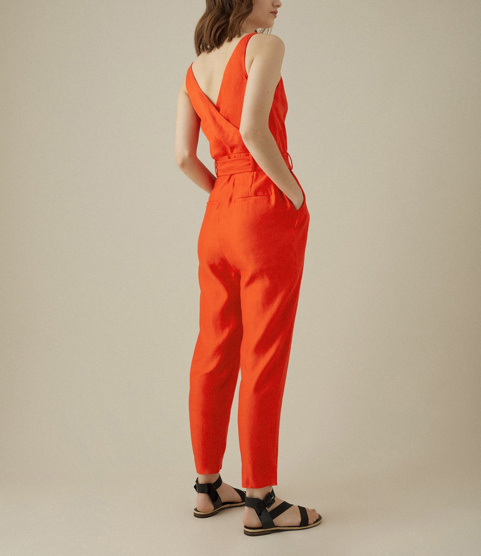 Karen Millen Orange Cinched Waist V Neck Linen Blend Jumpsuit - House Of Huntington