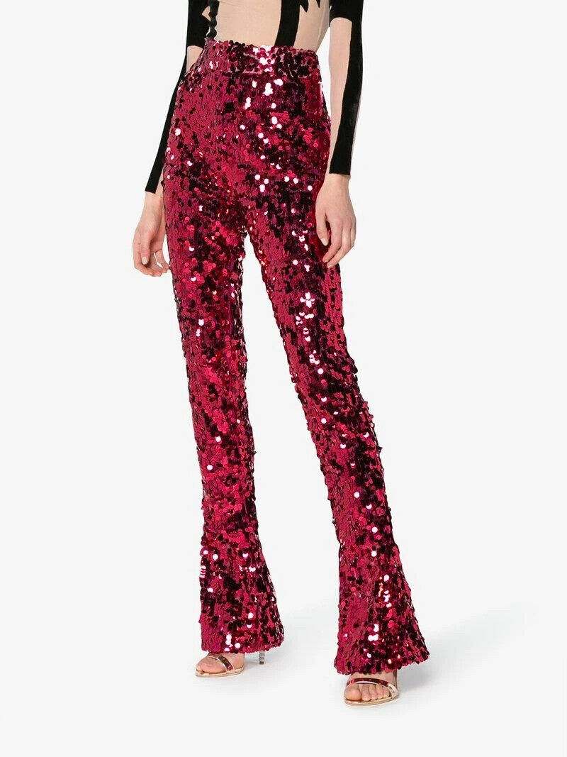 HALPERN Sequin Dark Pink High Waisted Flared Pants Trousers - House Of Huntington