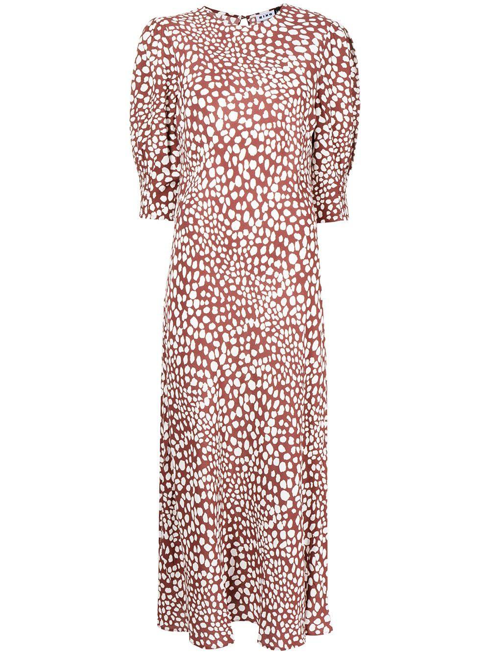 Rixo London Jess Spotted Puff Sleeve Brown Summer Maxi Dress - House Of Huntington