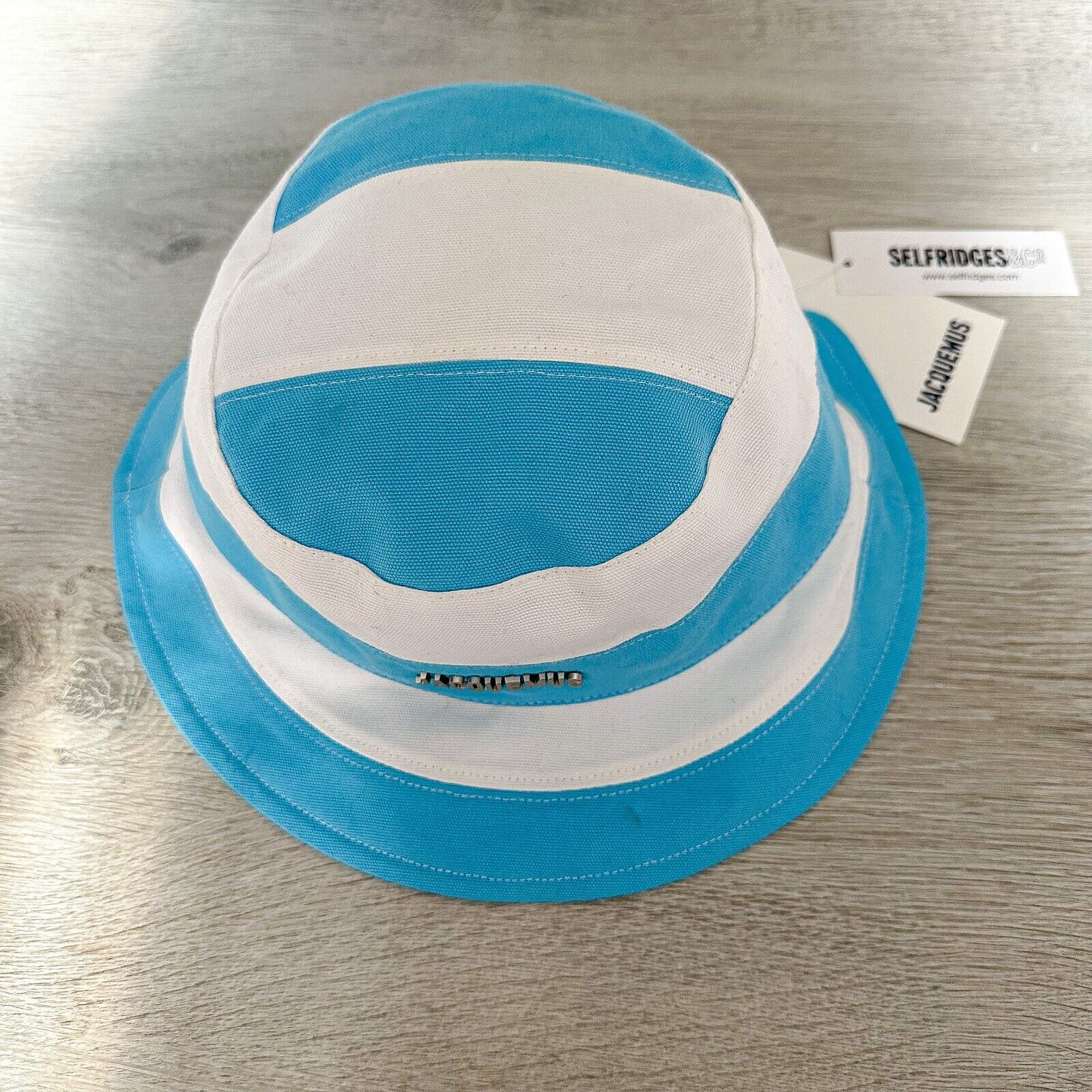 JACQUEMUS Logo Embossed Blue White Stripe Bucket Hat Le Bob Rayures