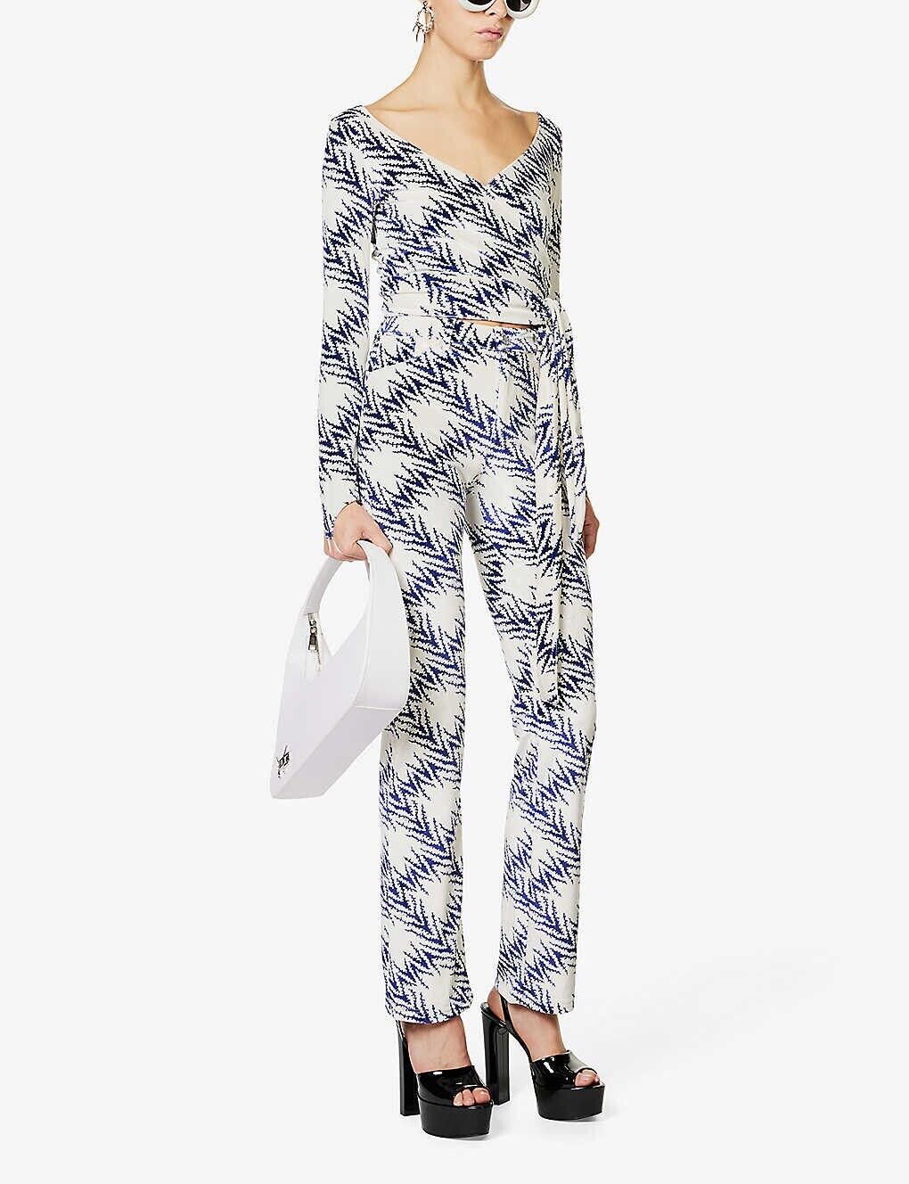 MAISIE WILEN Dramady Blue White Abstract Print Velour Wrap Top - House Of Huntington