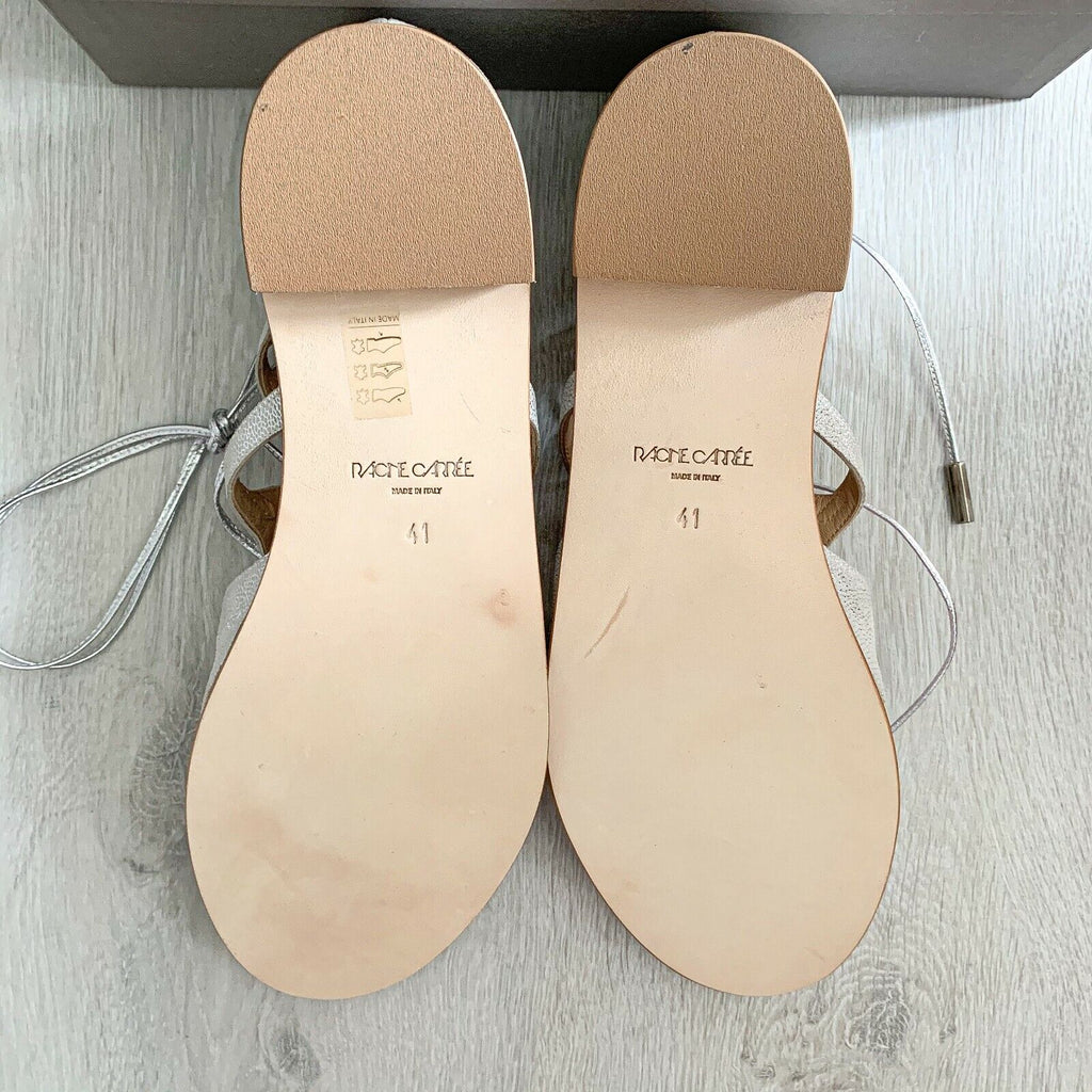 RACINE CARRÉE Silver Cut Out Lace Strappy Sandals Flats - House Of Huntington