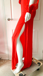 LANVIN Red Sheer Sleeve Drape Detail Long Gown