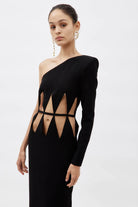 MONOT Black One Shoulder Diamond Cut Out Evening Black Dress Gown - House Of Huntington