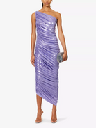 NORMA KAMALI Diana Ruched Stretch Woven Shiny Maxi Gown Dress - House Of Huntington