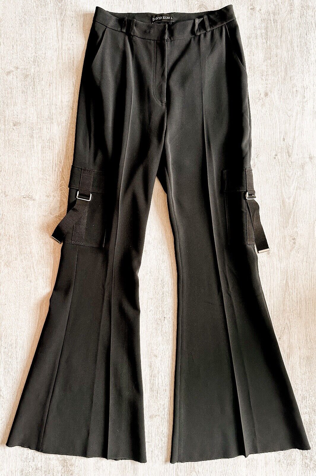 DAVID KOMA Black Cargo Pocket Detail Flared Utility Style Trousers - House Of Huntington