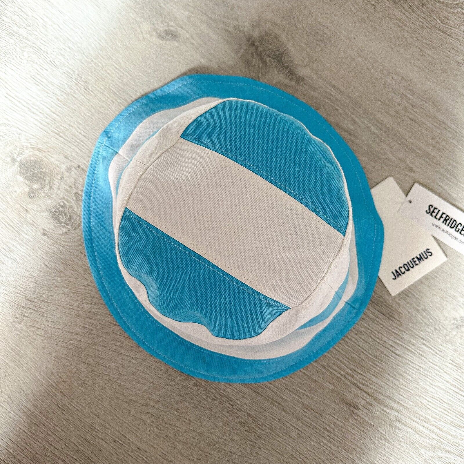 JACQUEMUS Logo Embossed Blue White Stripe Bucket Hat Le Bob Rayures