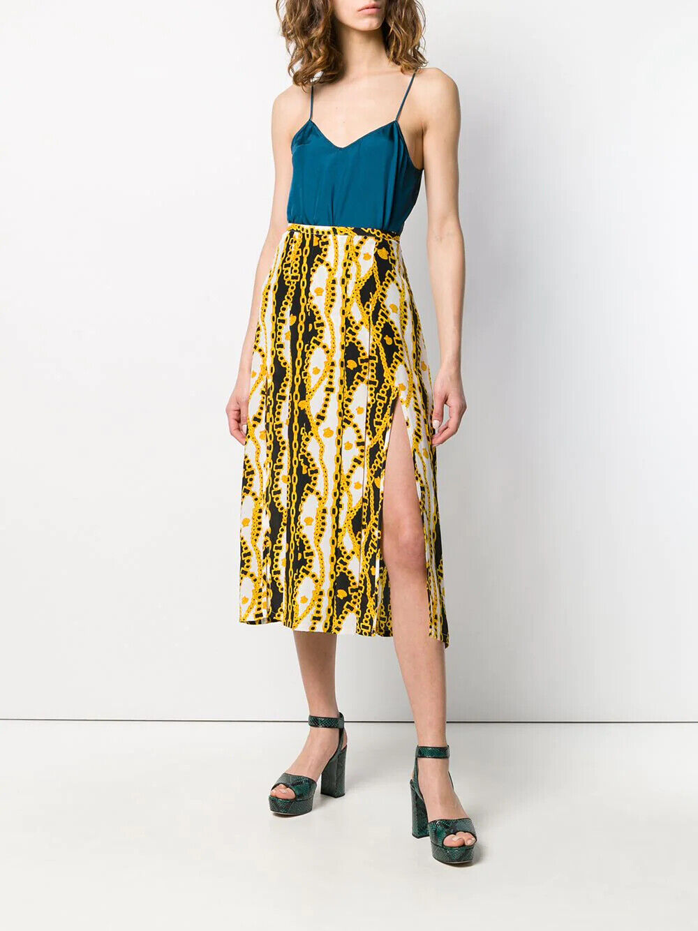 Rixo London Georgia Gold Shell Chain Print Slit Leg Silk Midi Skirt - House Of Huntington