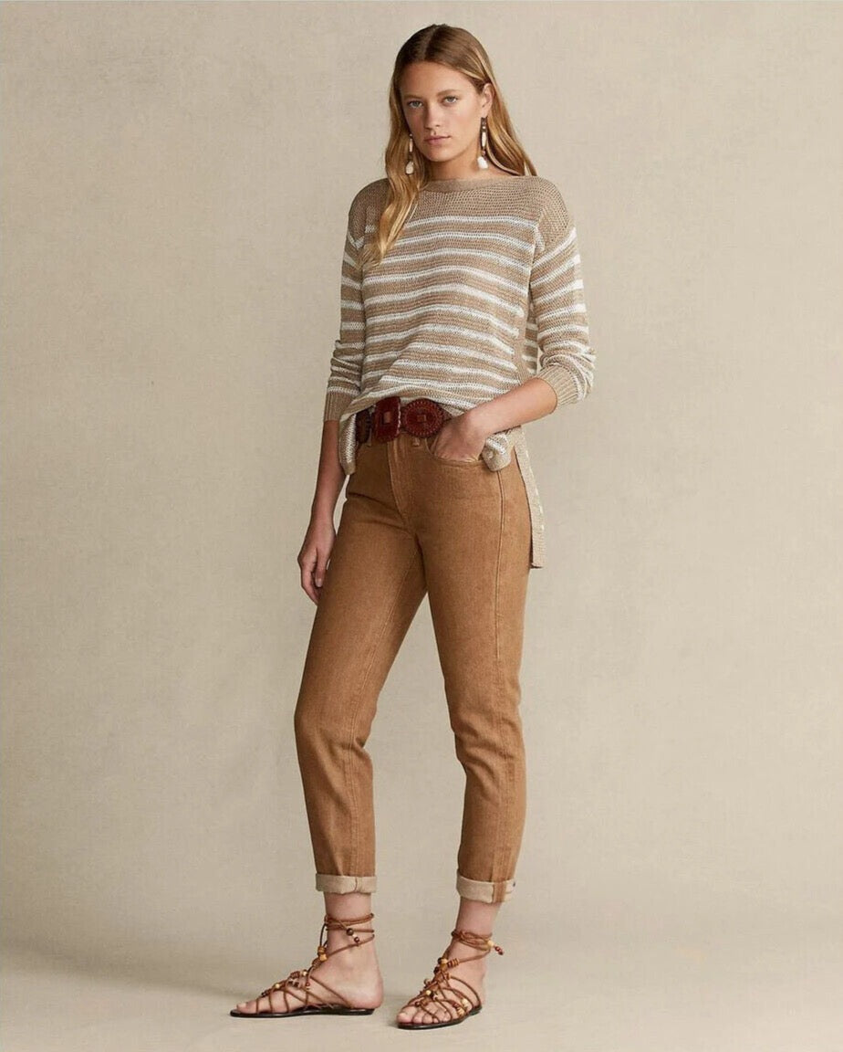 ポロラルフローレンライトブラウンストライプリネンニットセータージャンパー