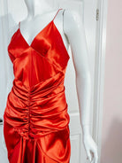 Alexandre Vauthier Ruby Red Ruched Strappy Silk Satin Dress - House Of Huntington