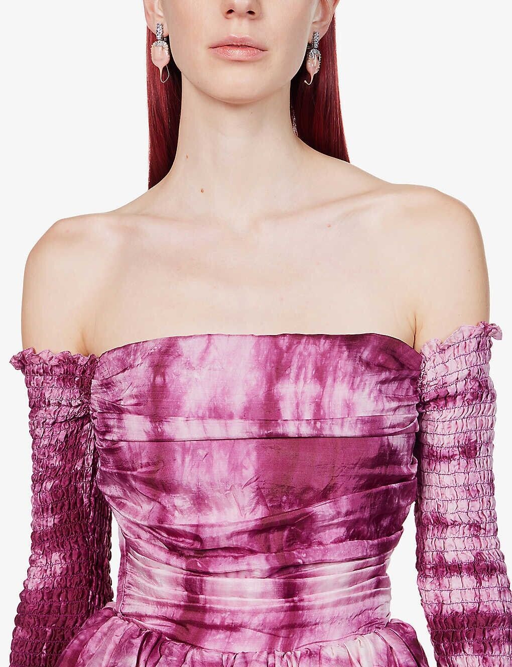CLIO PEPPIATT Pink Tie Dye Puff Petal Ruched Off Shoulder Silk Melva Dress - House Of Huntington