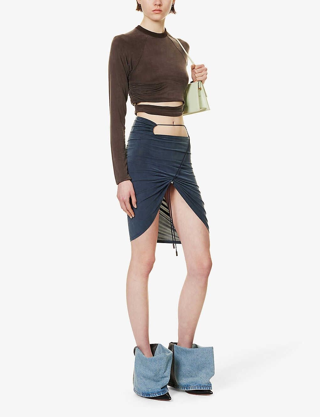 JACQUEMUS Le Jupe Espelho Court Cut Out Asymmetric Drawcord Navy Skirt - House Of Huntington