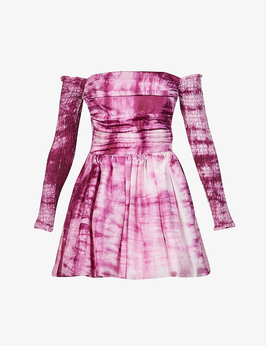 CLIO PEPPIATT Pink Tie Dye Puff Petal Ruched Off Shoulder Silk Melva Dress - House Of Huntington