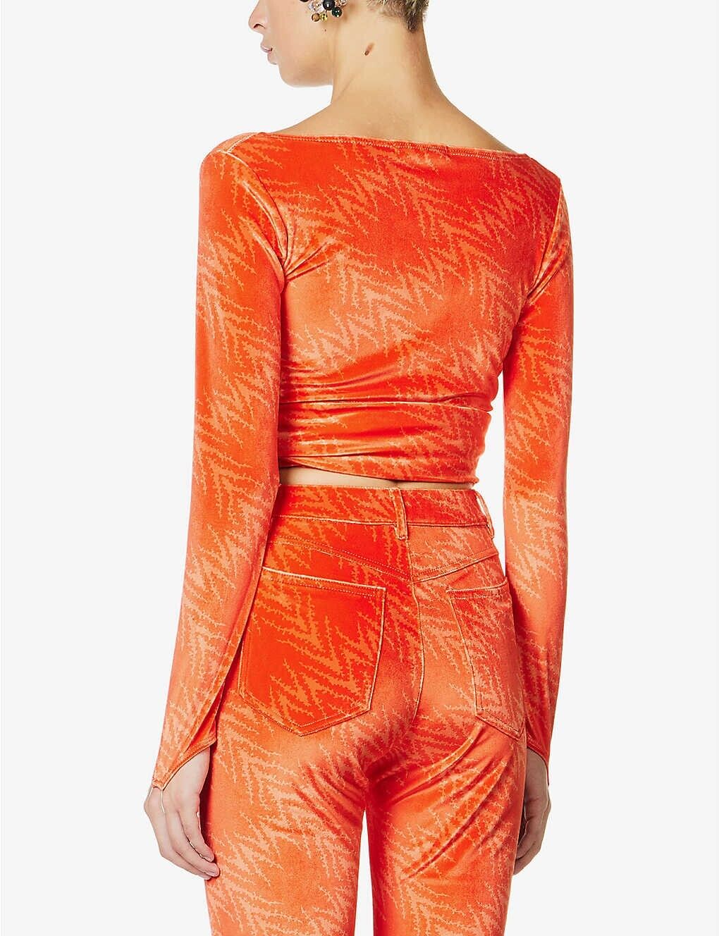 MAISIE WILEN Dramady Orange Abstract Print Velour Wrap Top - House Of Huntington