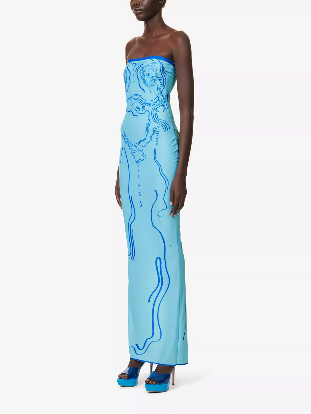 DI PETSA Venus Graphic Print Stretch Blue Tube Greek Goddess Midi Dress - House Of Huntington