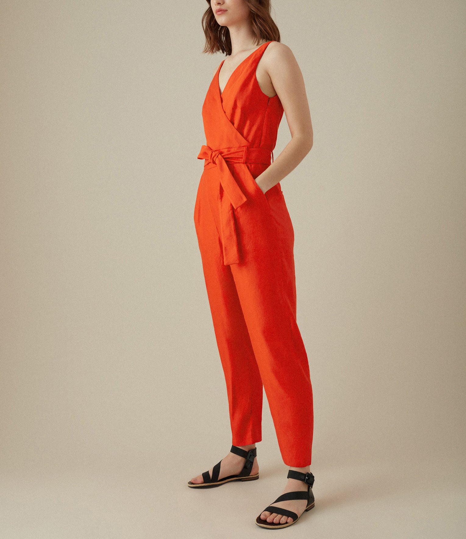 Cinched Waist V Neck Linen Blend Jumpsuit