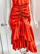 Alexandre Vauthier Ruby Red Ruched Strappy Silk Satin Dress - House Of Huntington