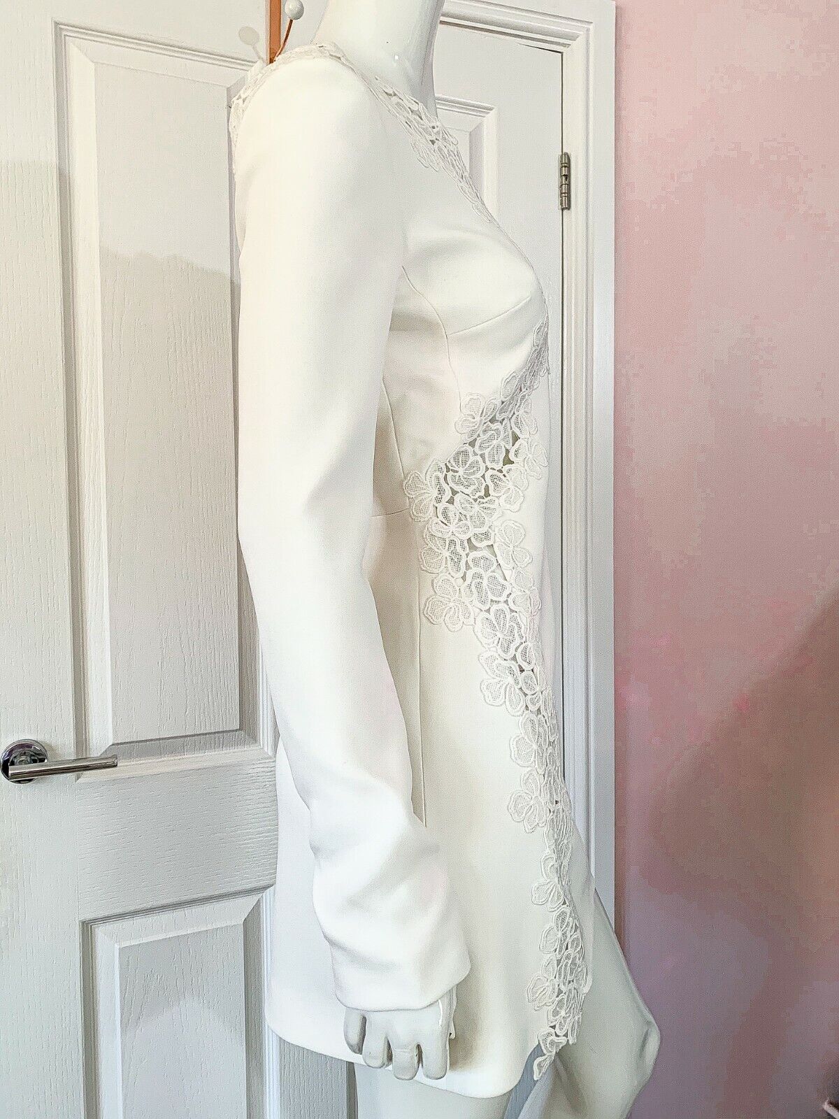 DAVID KOMA White Crepe Lace Macrame Trim Dress - House Of Huntington