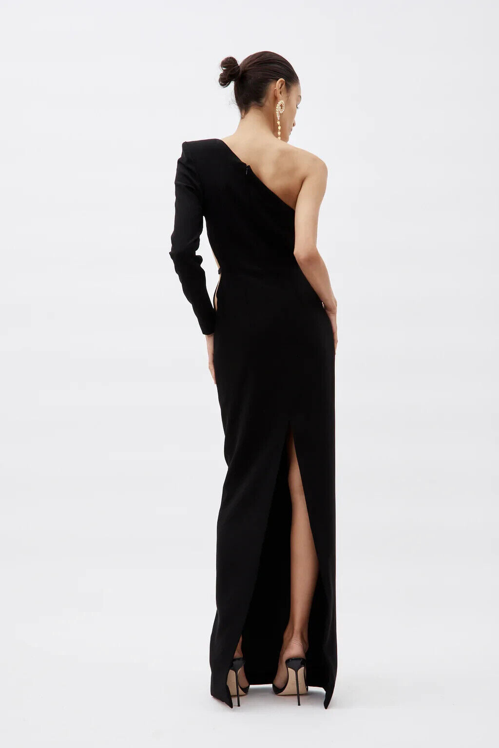 MONOT Black One Shoulder Diamond Cut Out Evening Black Dress Gown - House Of Huntington