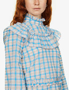 GANNI Prairie Pink Blue Gingham Check Seersucker Ruffle High Neck Dress - House Of Huntington