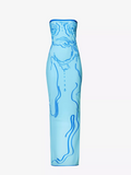 DI PETSA Venus Graphic Print Stretch Blue Tube Greek Goddess Midi Dress - House Of Huntington