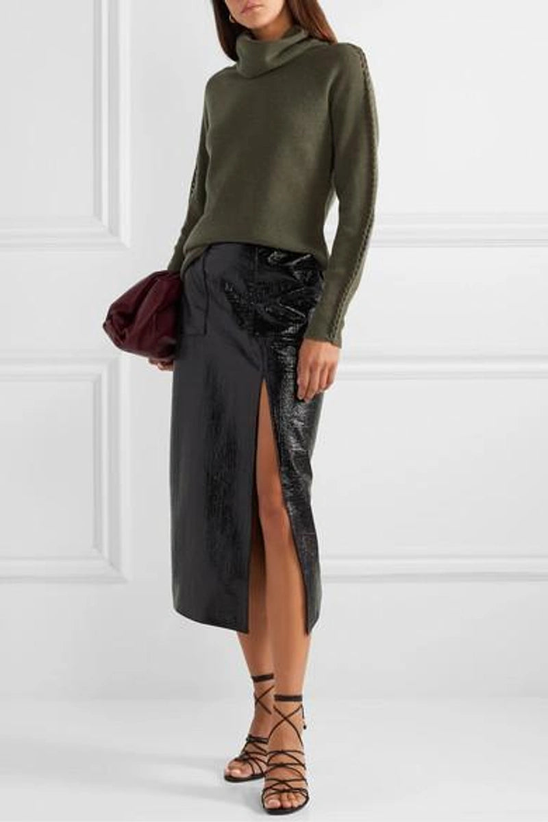 DAVID KOMA Black Coated Bouclé Midi Slit Leg Skirt - House Of Huntington