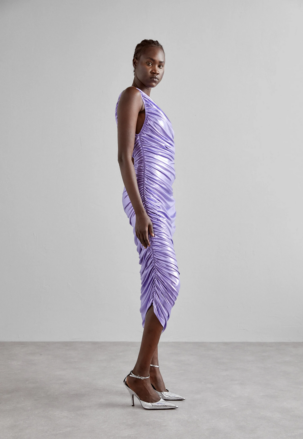 NORMA KAMALI Diana Ruched Stretch Woven Shiny Maxi Gown Dress - House Of Huntington