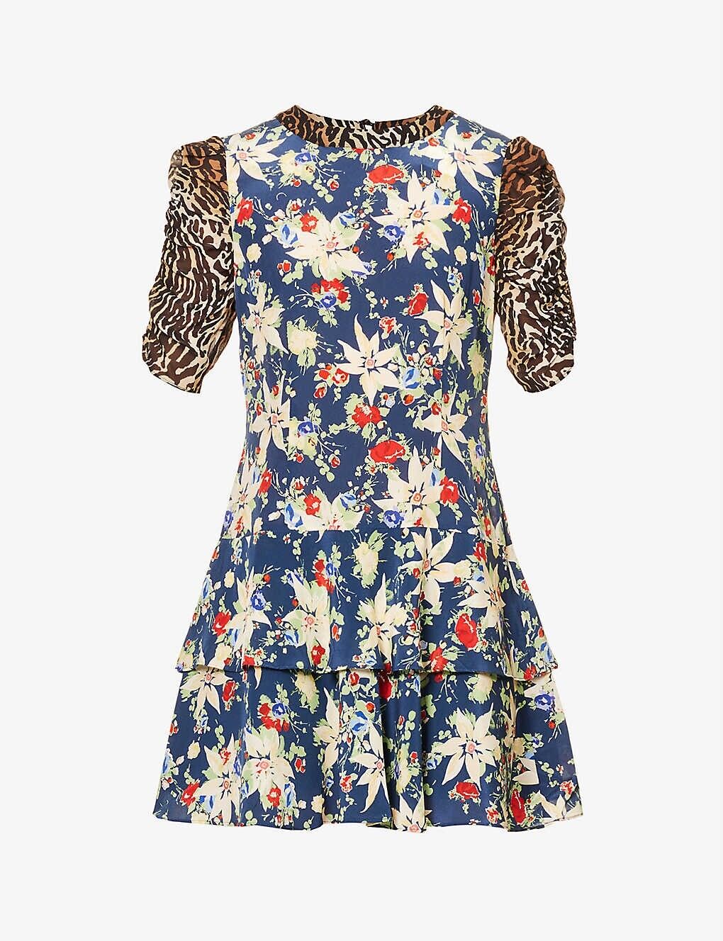 RIXO Dion Contrast Print Floral Leopard Silk Mini Dress - House Of Huntington