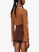 MIRROR PALAIS Caramel Brown Sheer Silk Tie Corset Cover Top - House Of Huntington
