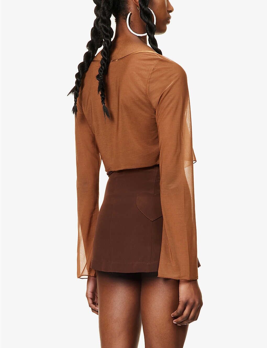 MIRROR PALAIS Caramel Brown Sheer Silk Tie Corset Cover Top - House Of Huntington