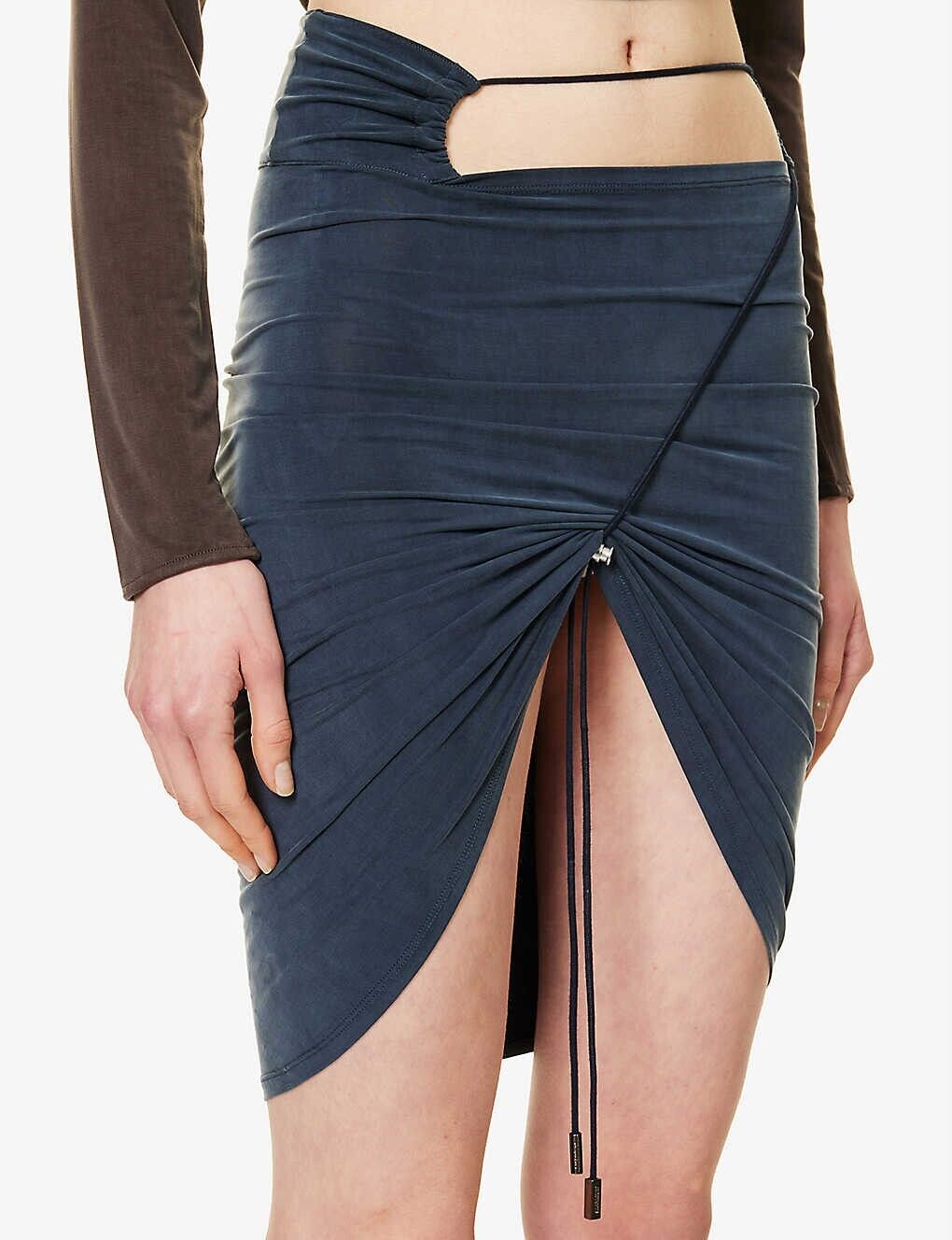 JACQUEMUS Le Jupe Espelho Court Cut Out Asymmetric Drawcord Navy Skirt - House Of Huntington