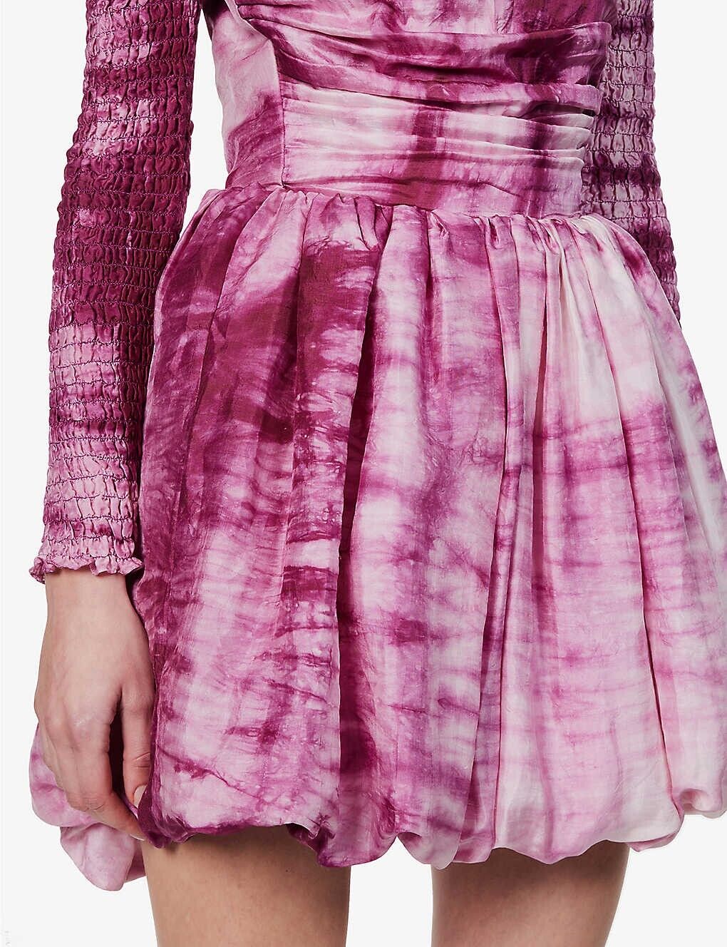 CLIO PEPPIATT Pink Tie Dye Puff Petal Ruched Off Shoulder Silk Melva Dress - House Of Huntington