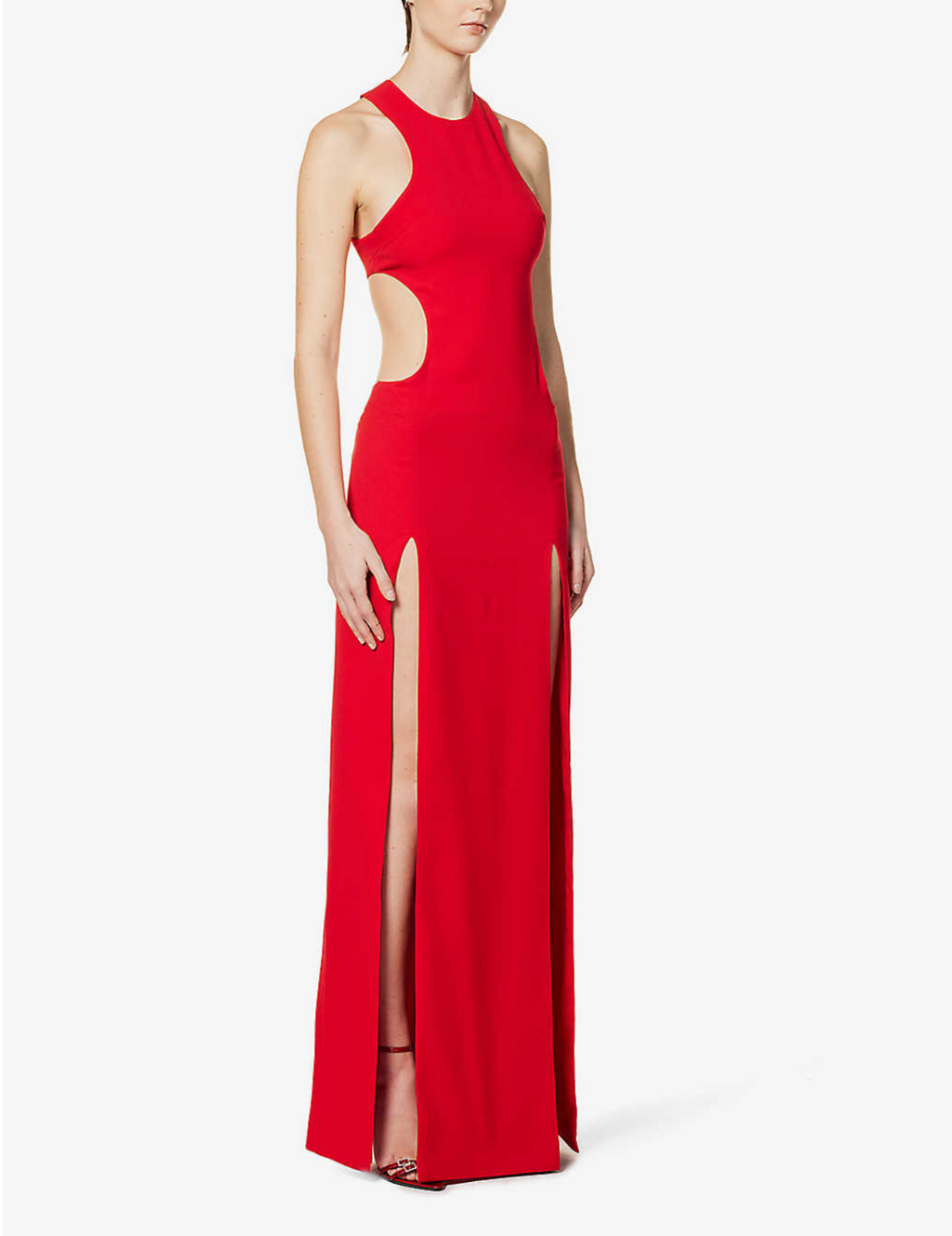 MONOT Red Split Slit Leg Open Back Cut Out Woven Evening Gown Dress - House Of Huntington