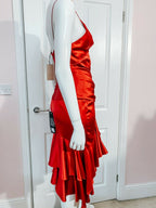 Alexandre Vauthier Ruby Red Ruched Strappy Silk Satin Dress - House Of Huntington