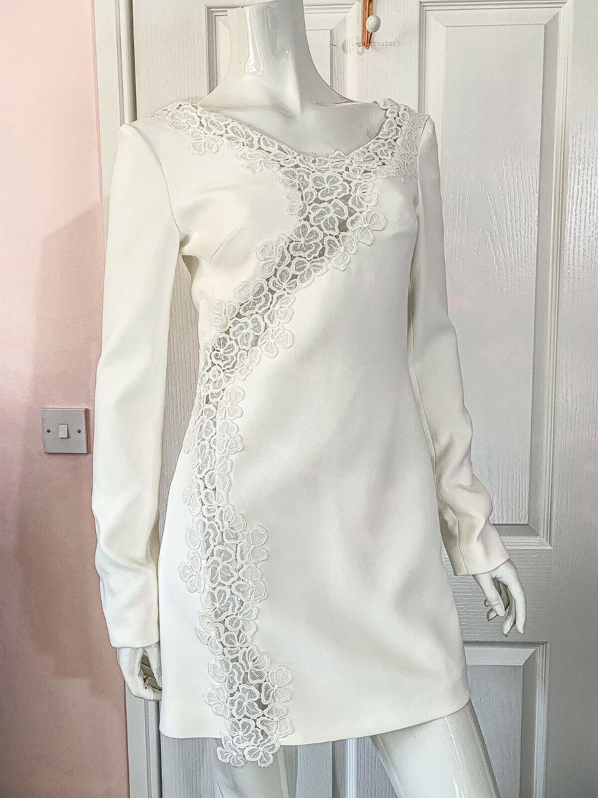 DAVID KOMA White Crepe Lace Macrame Trim Dress - House Of Huntington