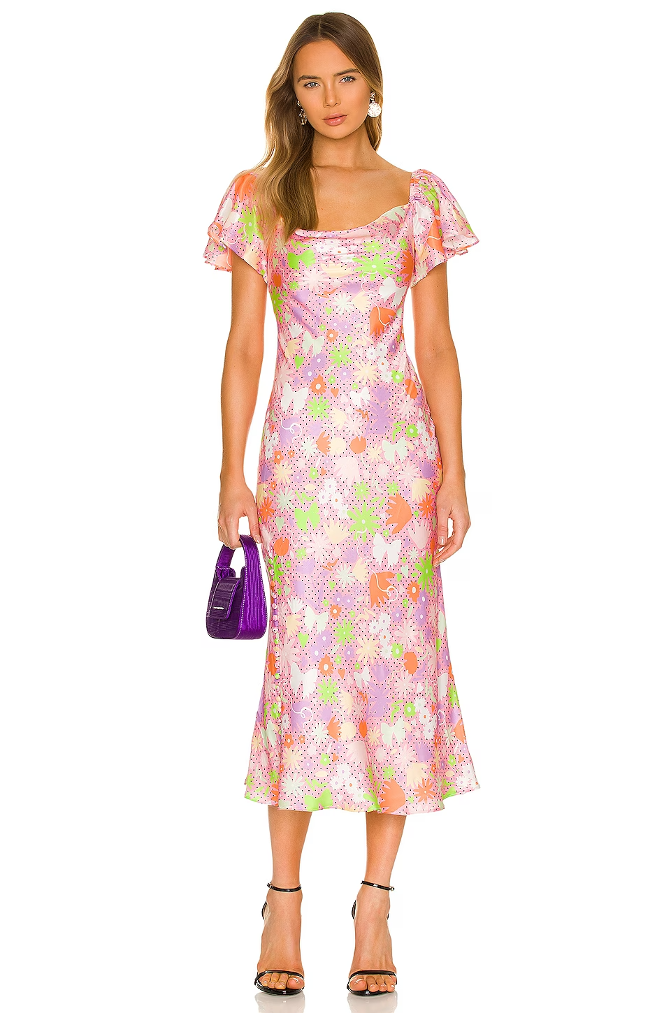 OLIVIA RUBIN Pink Satin Floral Polka Dot Amelia Midi Dress - House Of Huntington