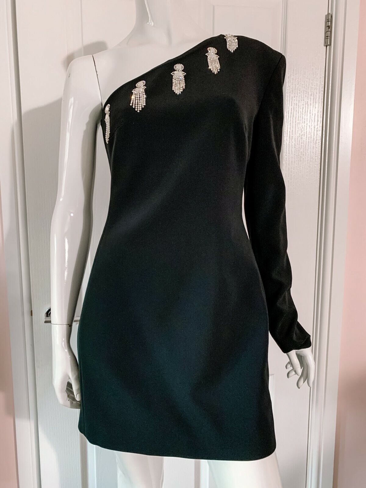 DAVID KOMA Black Dangly Crystal Embellished One Shoulder Dress - House Of Huntington