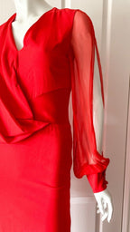 LANVIN Red Sheer Sleeve Drape Detail Long Gown