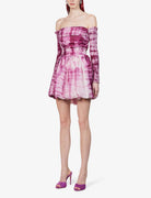 CLIO PEPPIATT Pink Tie Dye Puff Petal Ruched Off Shoulder Silk Melva Dress - House Of Huntington
