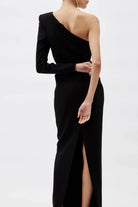 MONOT Black One Shoulder Diamond Cut Out Evening Black Dress Gown - House Of Huntington