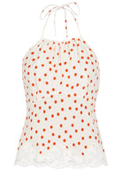 Rixo London Vienna White Open Back Halterneck Lace Trim Red Spotted Top - House Of Huntington