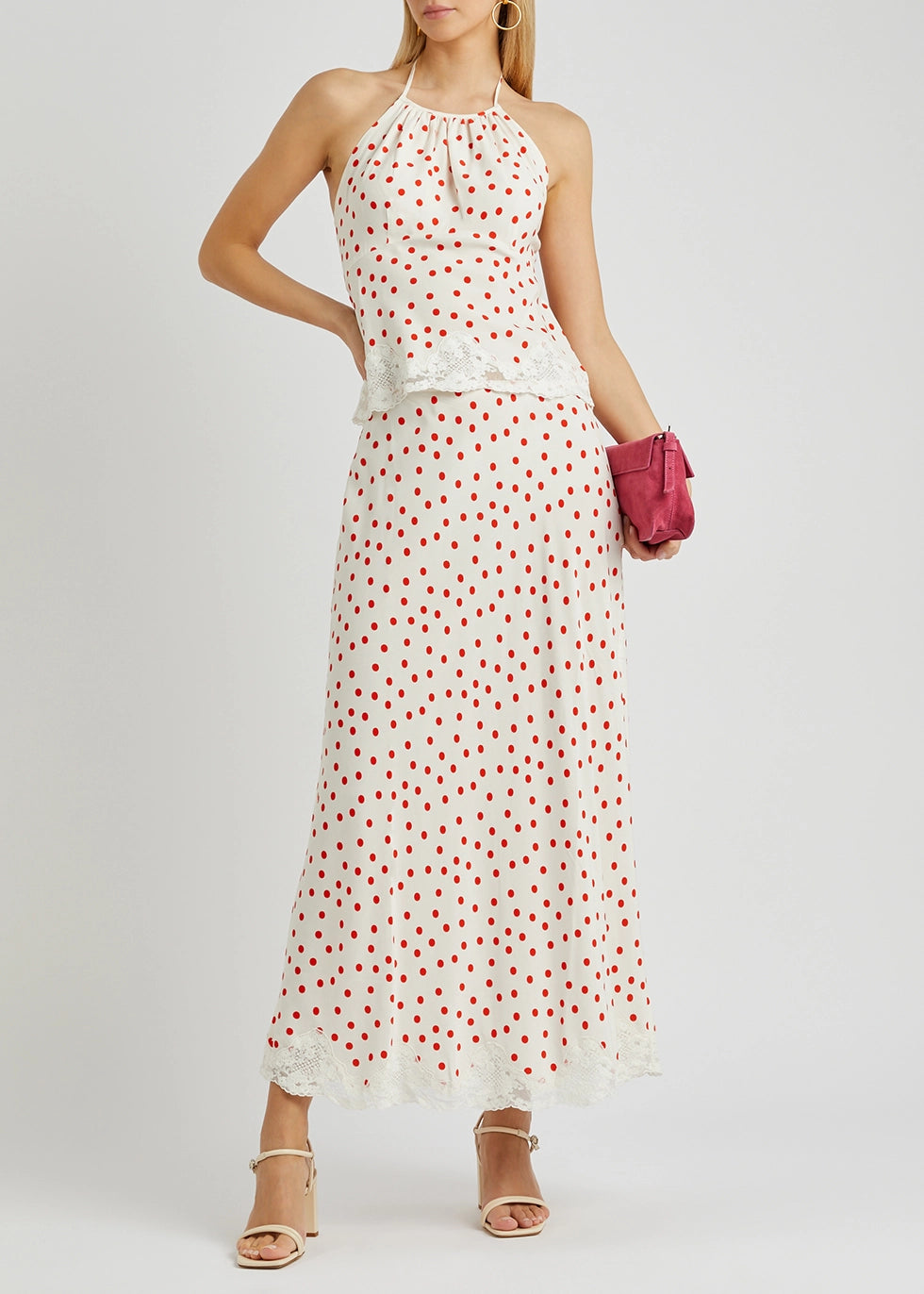 Rixo London Vienna White Open Back Halterneck Lace Trim Red Spotted Top - House Of Huntington