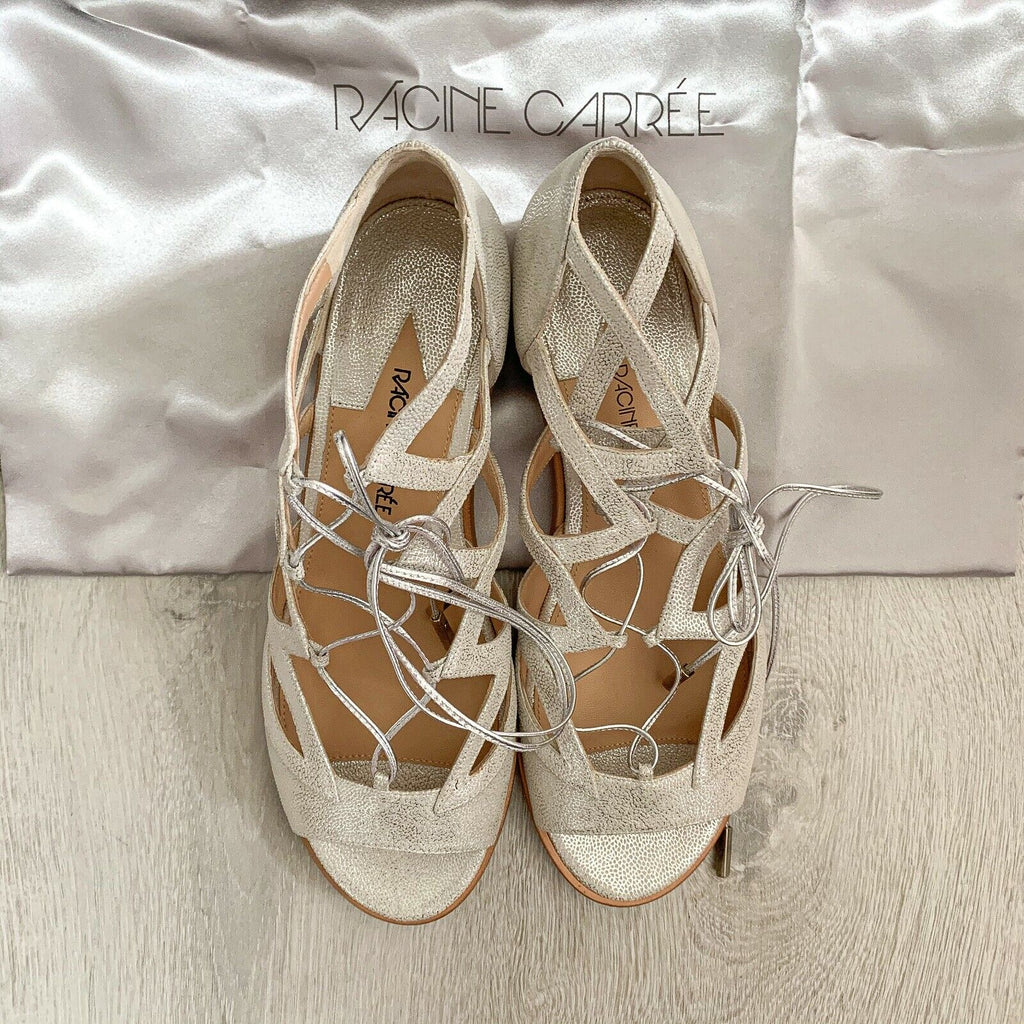 RACINE CARRÉE Silver Cut Out Lace Strappy Sandals Flats - House Of Huntington