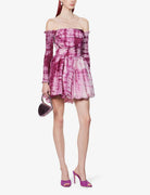 CLIO PEPPIATT Pink Tie Dye Puff Petal Ruched Off Shoulder Silk Melva Dress - House Of Huntington